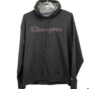 Champion Plus Size 2XL Script Gray Hooded Hoodie Pullover Sweatshirt